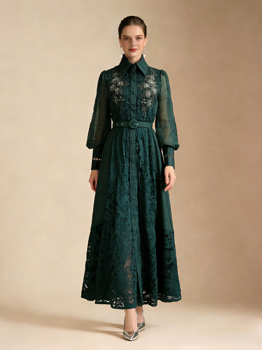 Elegant Embroidered Sheer Sleeve Maxi Dress-4