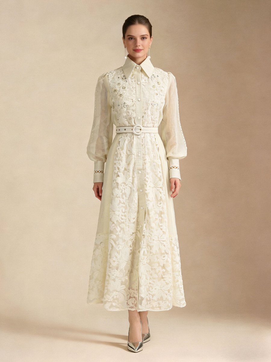 Elegant Embroidered Sheer Sleeve Maxi Dress-5