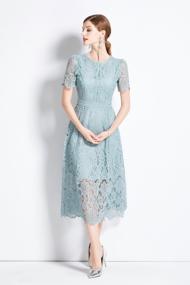 Elegant Floral Lace A-Line Midi Dress-0