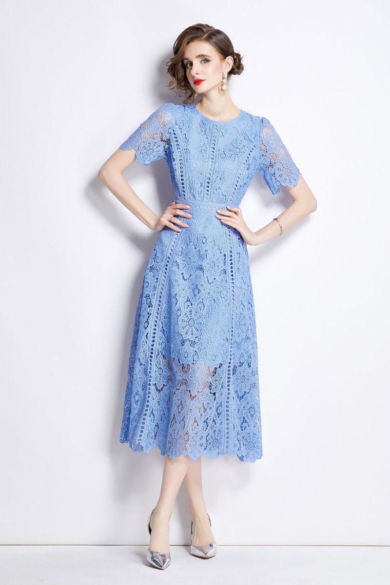 Elegant Floral Lace A-Line Midi Dress-3
