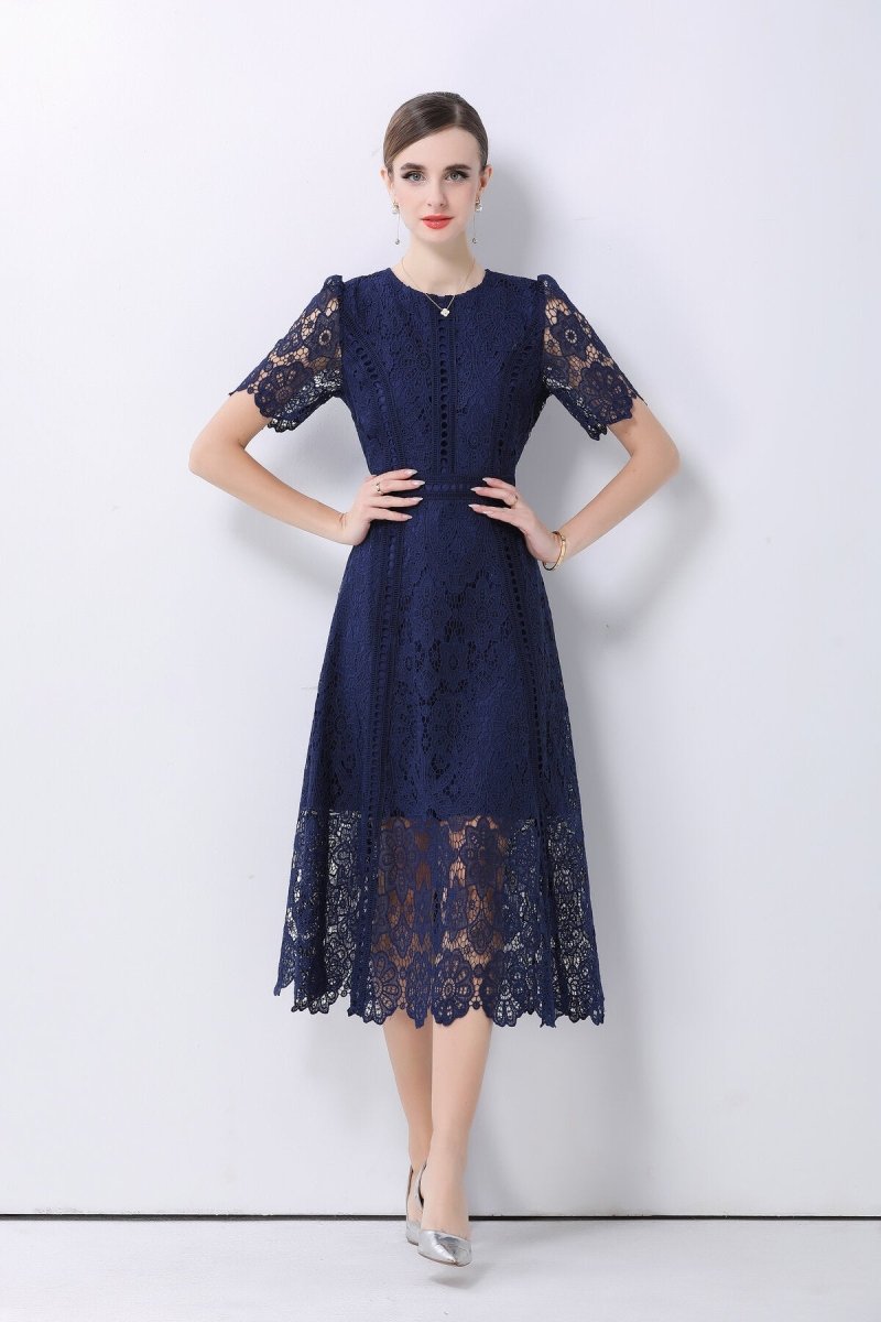 Elegant Floral Lace A-Line Midi Dress-6