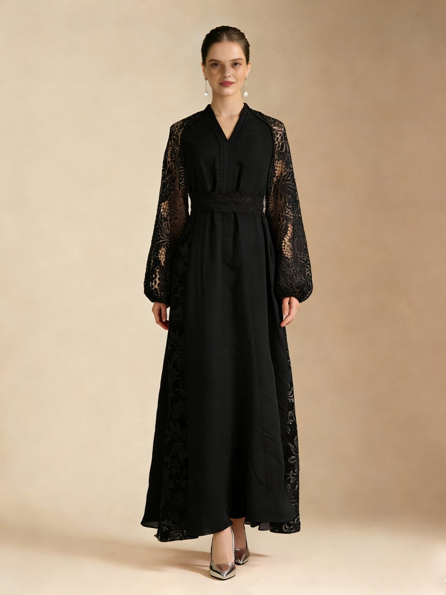 Elegant Lace Sleeve Chiffon Maxi Dress-0