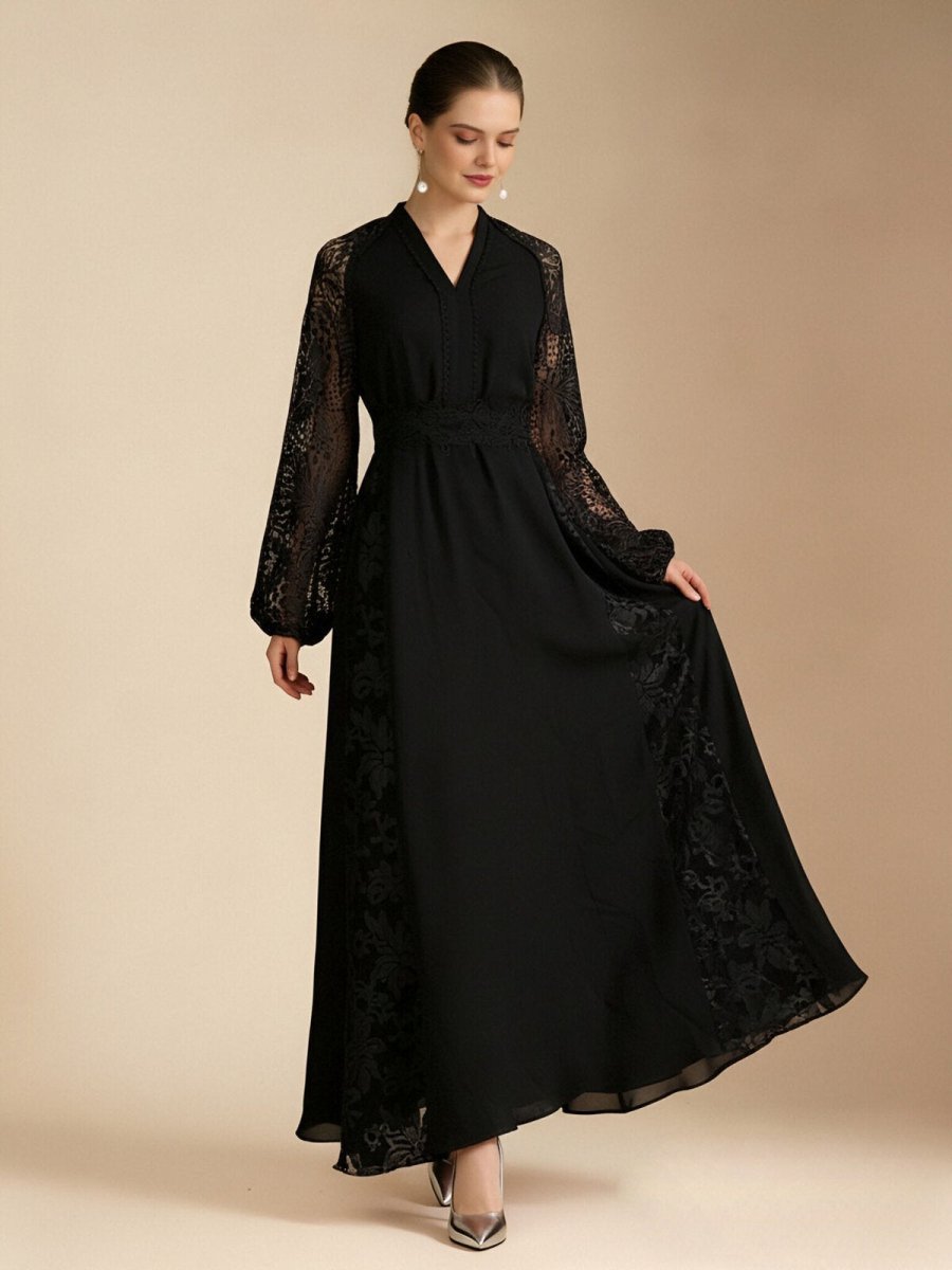 Elegant Lace Sleeve Chiffon Maxi Dress-2