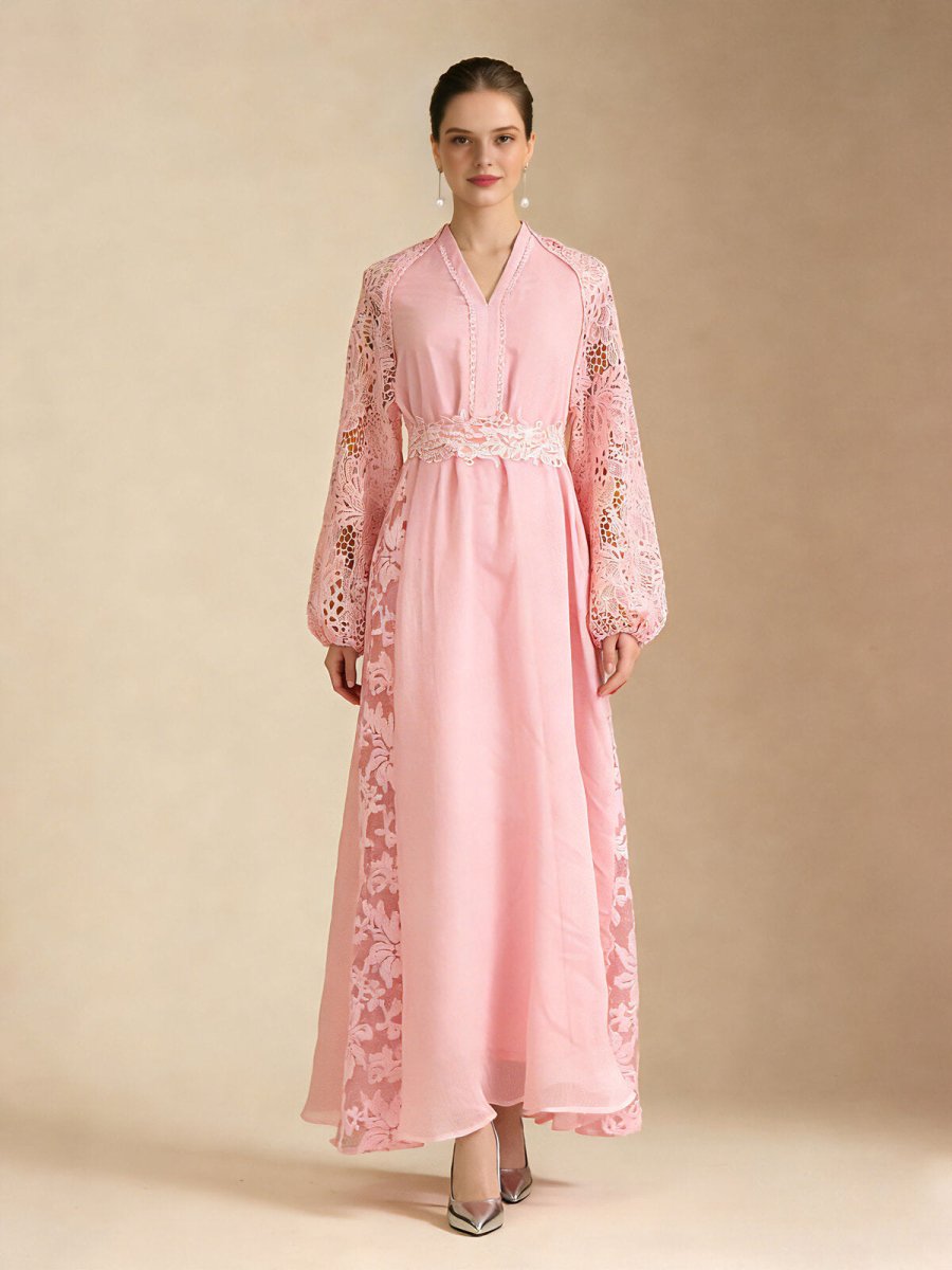 Elegant Lace Sleeve Chiffon Maxi Dress-4