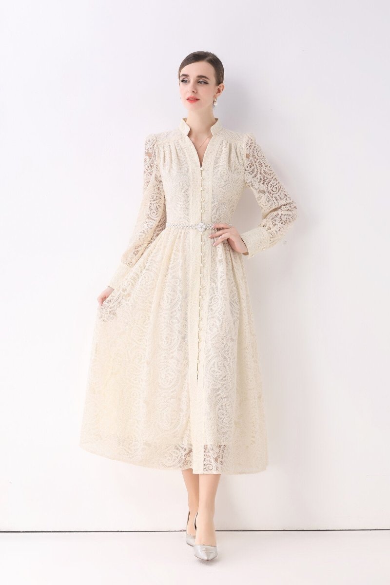 Elegant Vintage Lace Pearl Belt Maxi Dress-1