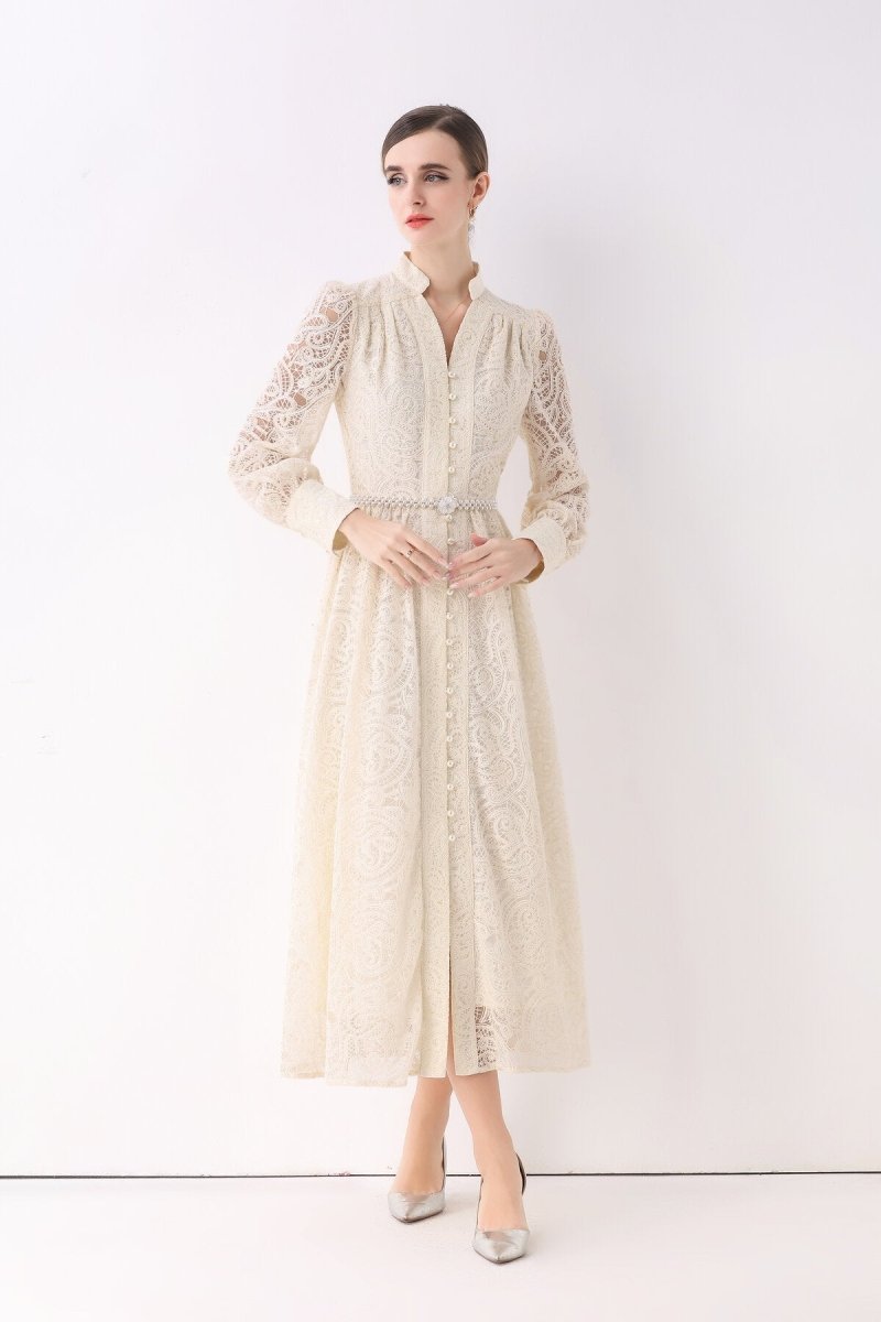 Elegant Vintage Lace Pearl Belt Maxi Dress-2