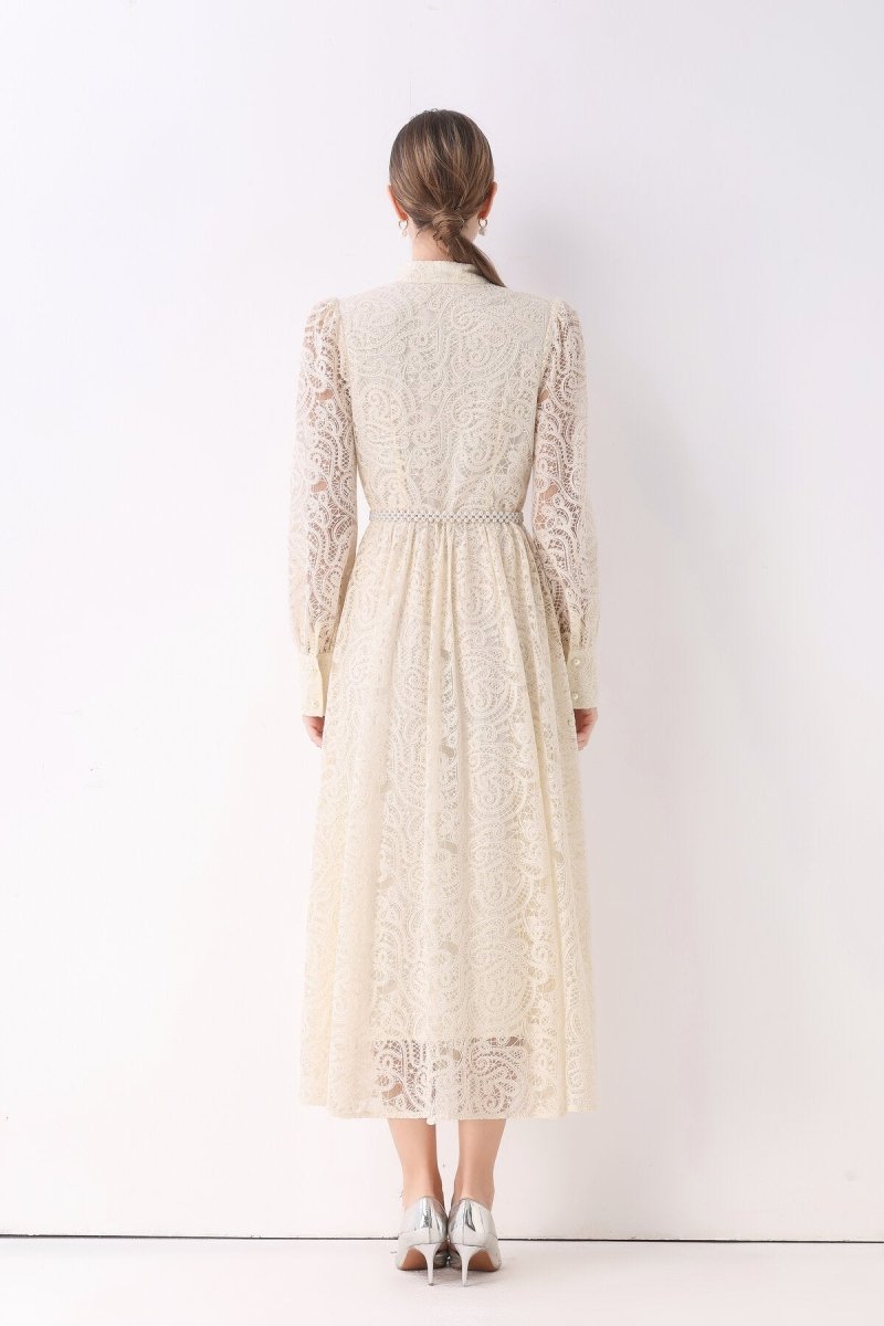 Elegant Vintage Lace Pearl Belt Maxi Dress-3