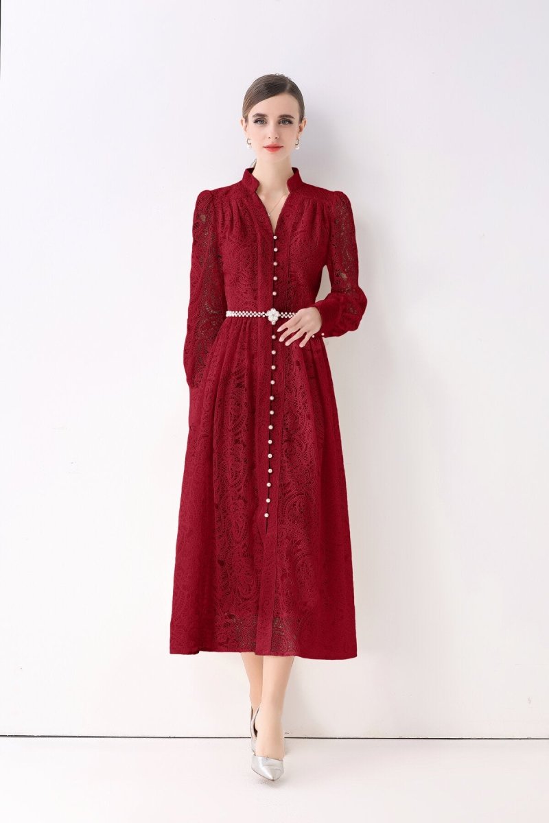 Elegant Vintage Lace Pearl Belt Maxi Dress-4
