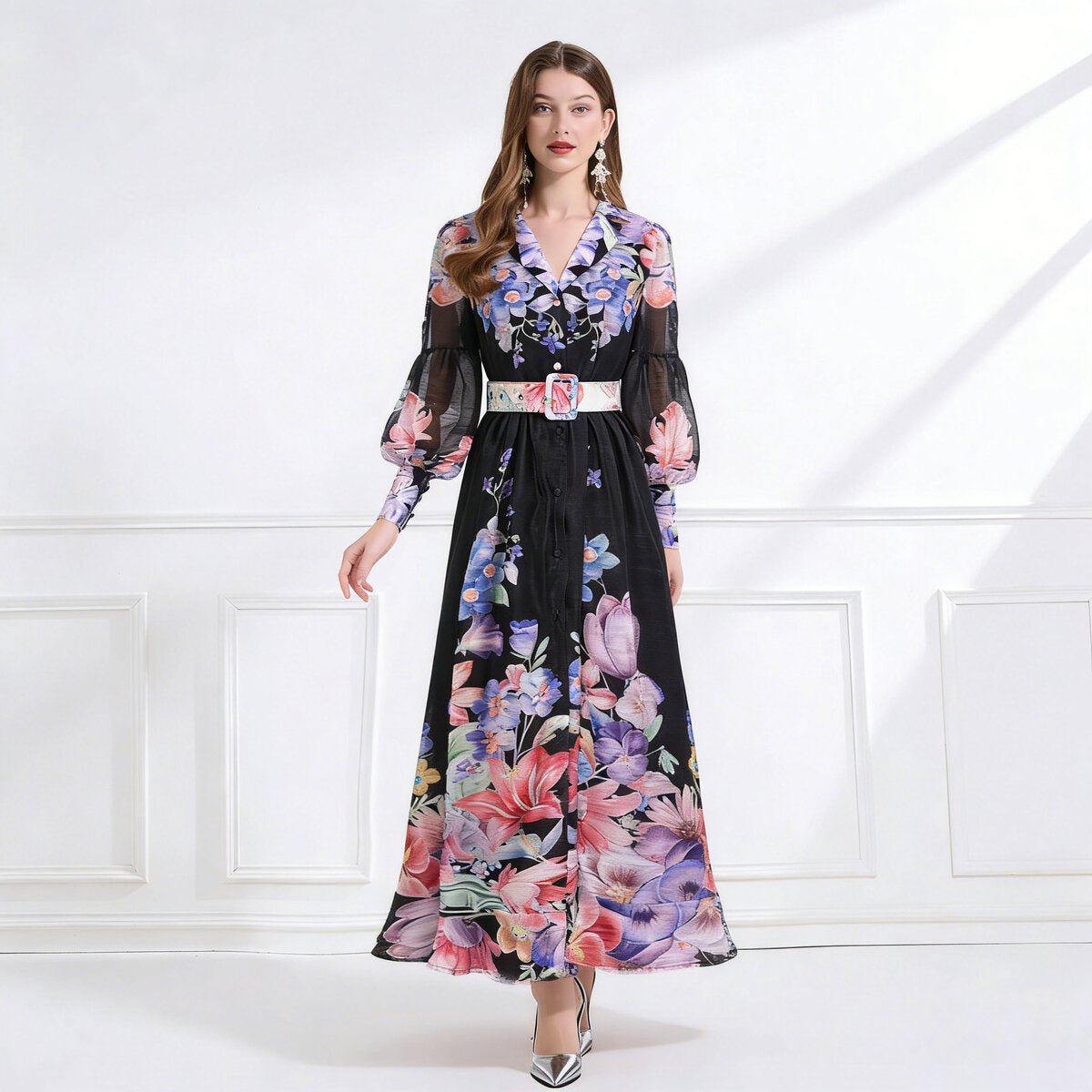 Enchanted Bloom Belted Chiffon Maxi Dress-5
