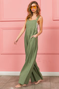 BiBi Ruched Wide Leg Overalls with Pockets-0