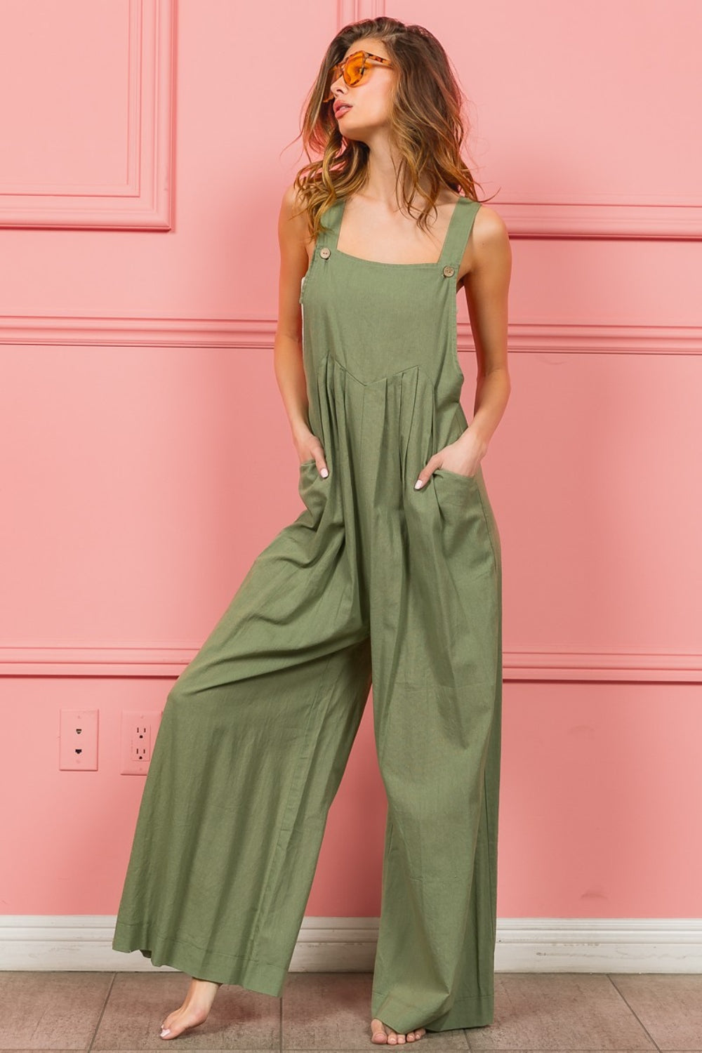 BiBi Ruched Wide Leg Overalls with Pockets-2
