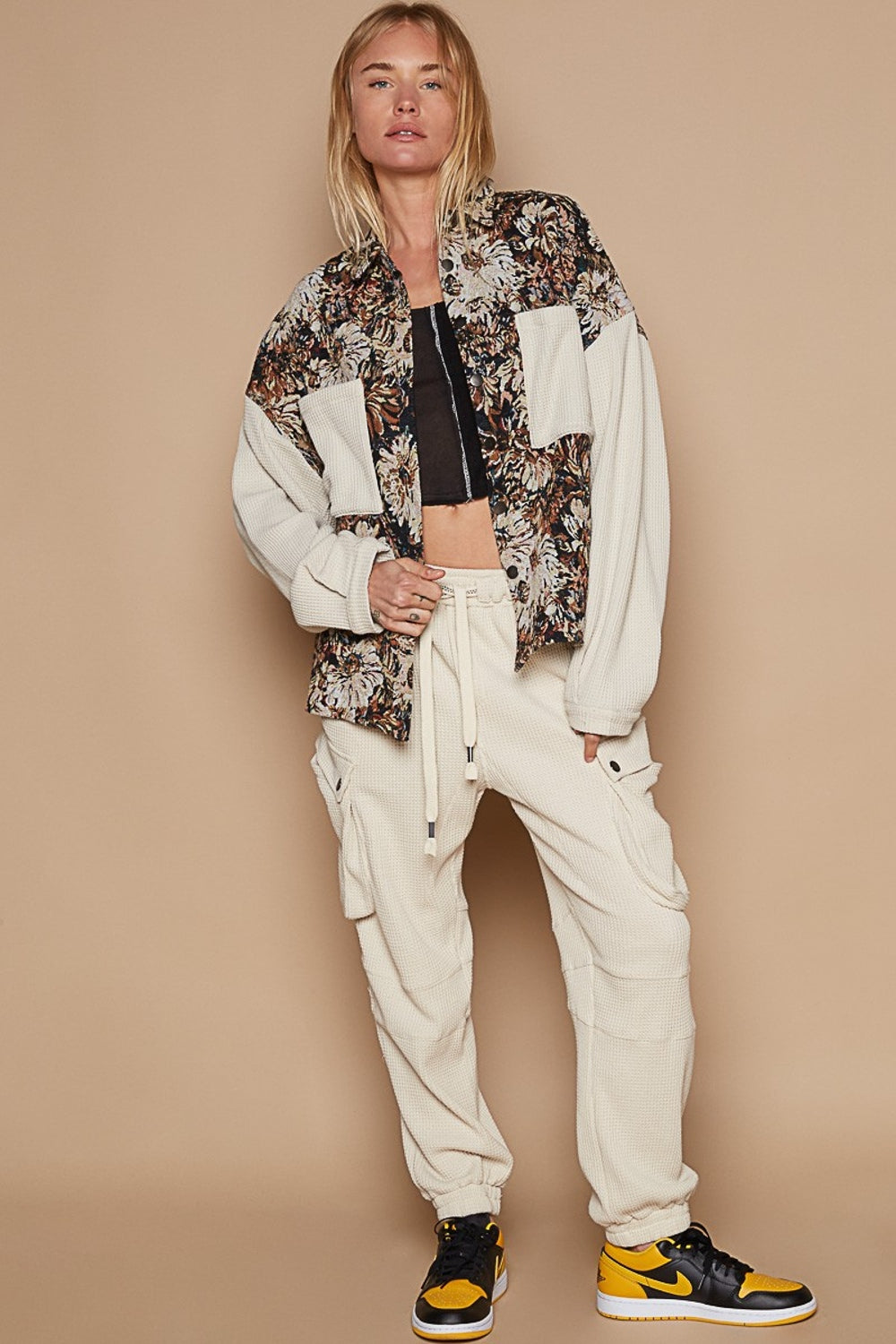 POL Contrast Sleeves Button Down Floral Jacquard Shirt-3