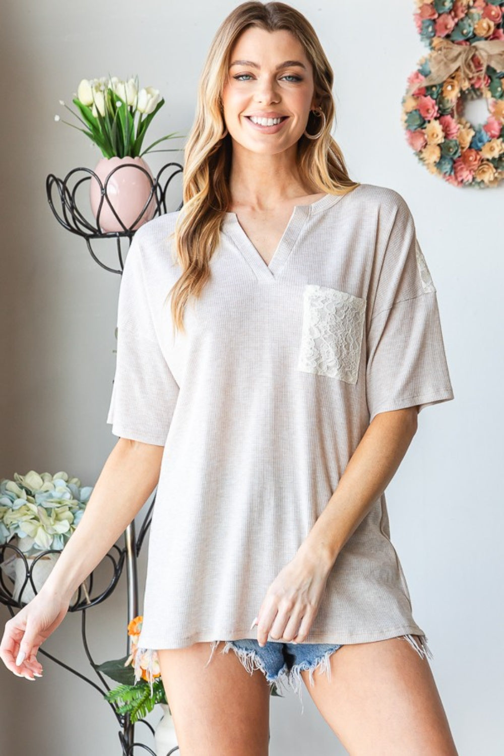 Heimish Full Size Lace Front Pocket Drop Shoulder Top-0