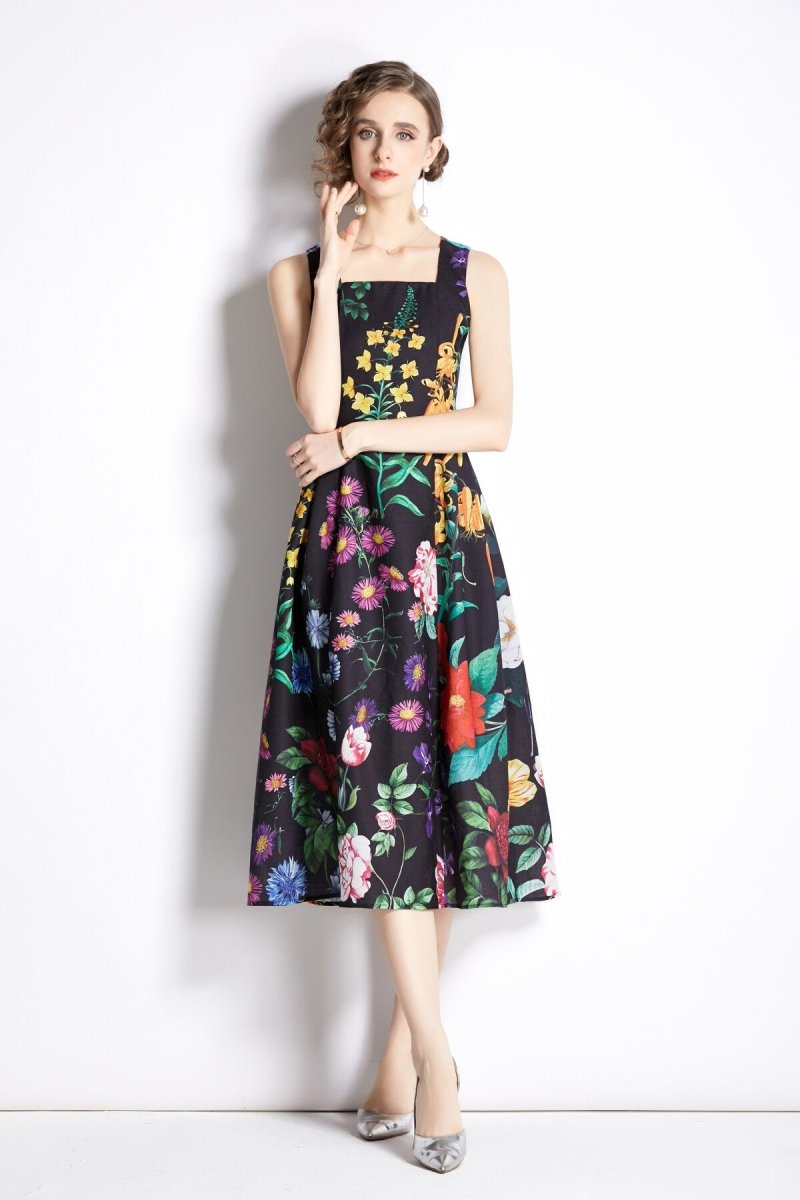 French Vintage Floral Black High Waist Spaghetti Strap Dress-2