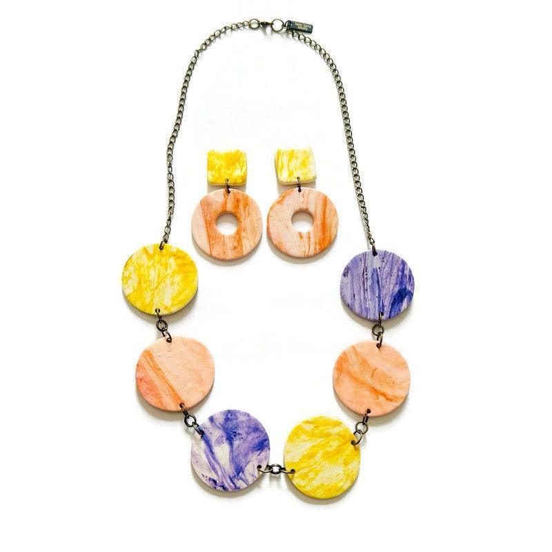 Pastel Beaded Statement Necklace with Circle Discs-3