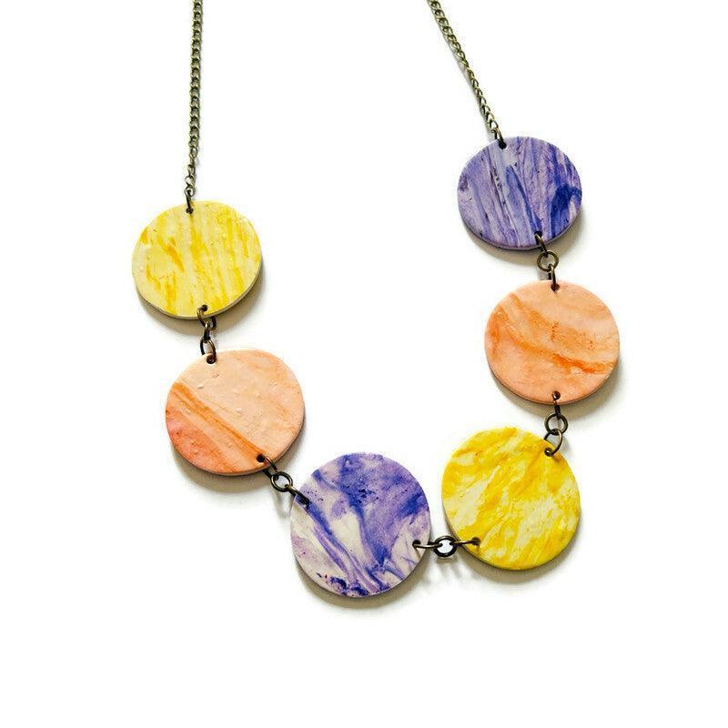 Pastel Beaded Statement Necklace with Circle Discs-4