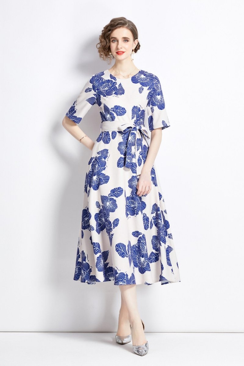 Porcelain Blue Vintage Print Waist Cinching Midi Dress-0