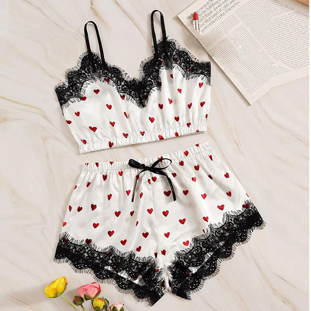 Lace Satin Cami With Striped Women Pijamas Sexy Sleepwear-5