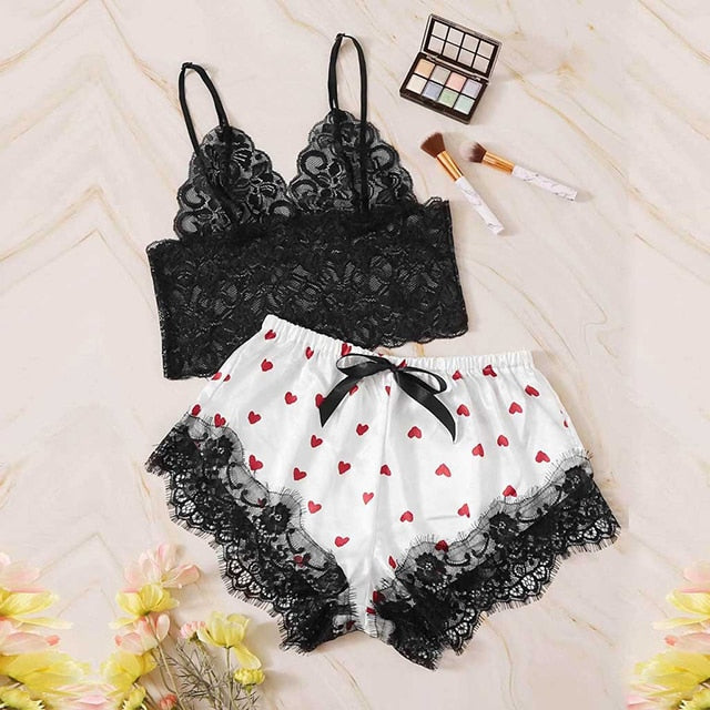 Lace Satin Cami With Striped Women Pijamas Sexy Sleepwear-3