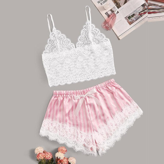 Lace Satin Cami With Striped Women Pijamas Sexy Sleepwear-4