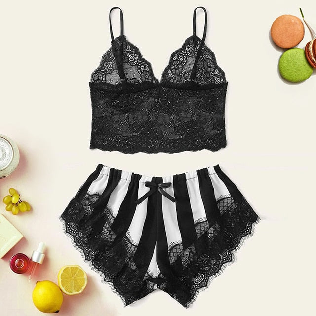 Lace Satin Cami With Striped Women Pijamas Sexy Sleepwear-2