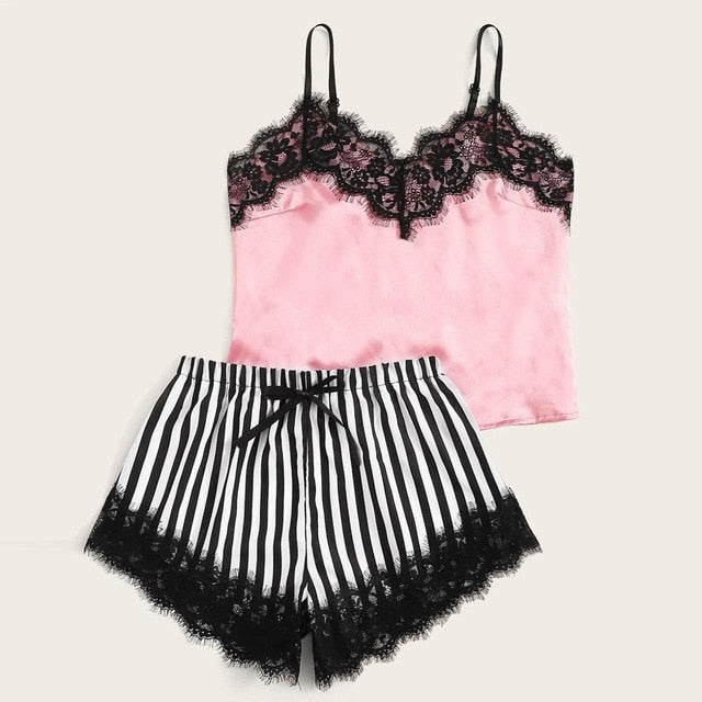 Lace Satin Cami With Striped Women Pijamas Sexy Sleepwear-1