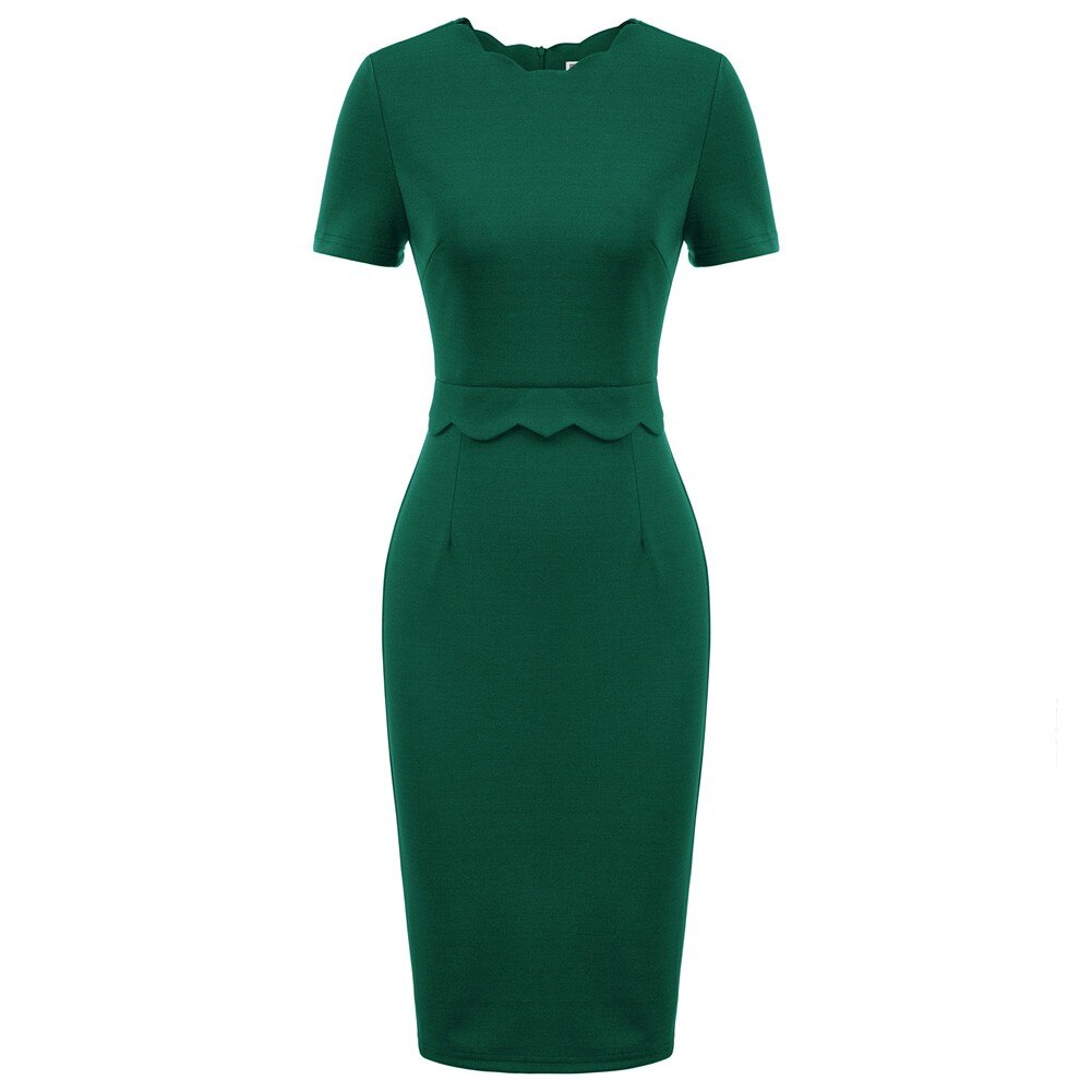 Women's Dress Solid Color Scalloped Neckline Hips-Wrapped Lady Fashion-0
