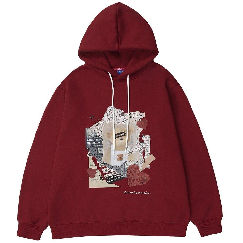 Hoodies Men Tearing Newspaper Cute Bear Print Pullovers High Street Style Hipster Casual Tops Loose Unisex Streetwear-0
