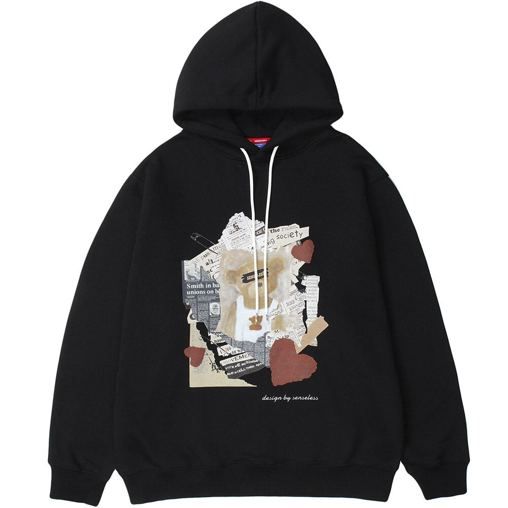 Hoodies Men Tearing Newspaper Cute Bear Print Pullovers High Street Style Hipster Casual Tops Loose Unisex Streetwear-2