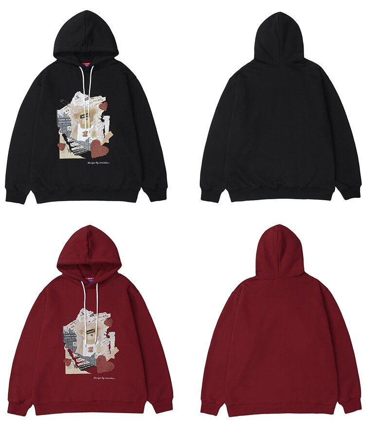 Hoodies Men Tearing Newspaper Cute Bear Print Pullovers High Street Style Hipster Casual Tops Loose Unisex Streetwear-3