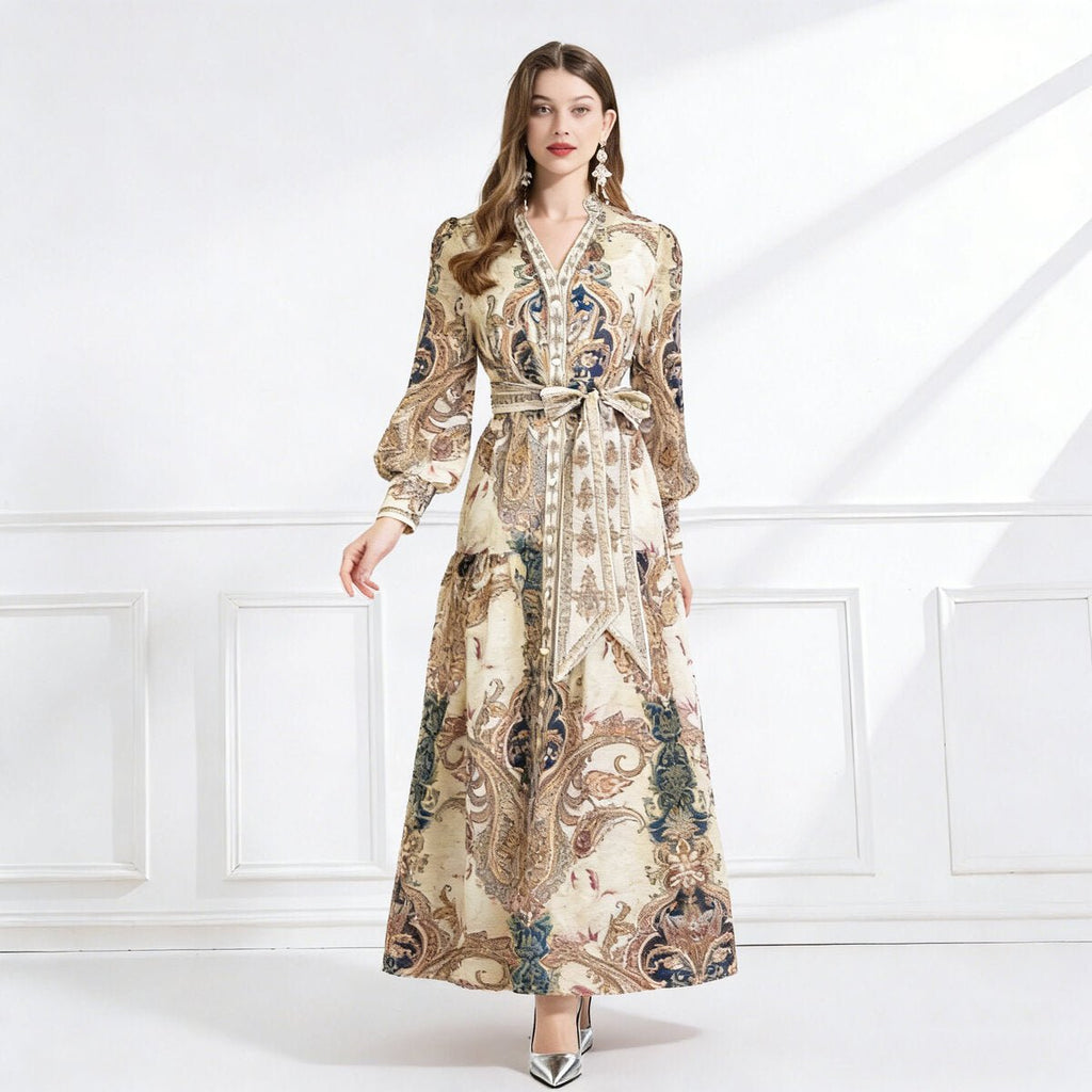 Regal Paisley Belted Chiffon Maxi Dress-0