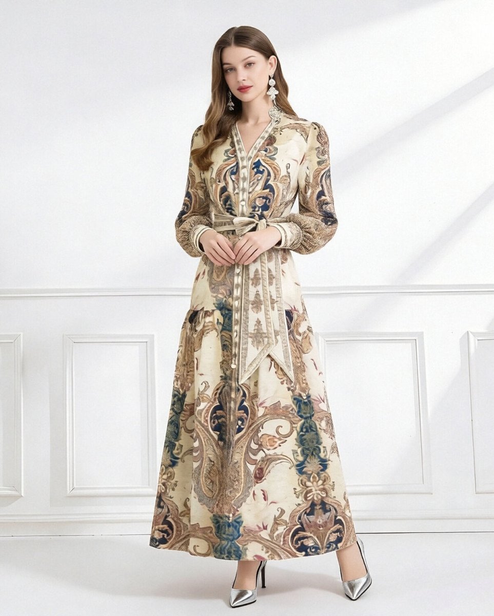 Regal Paisley Belted Chiffon Maxi Dress-1
