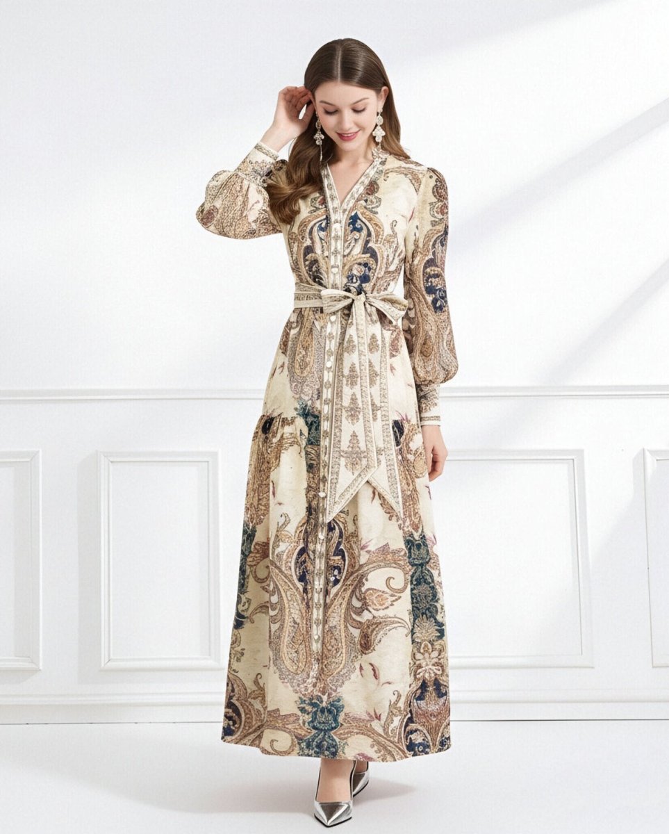 Regal Paisley Belted Chiffon Maxi Dress-2