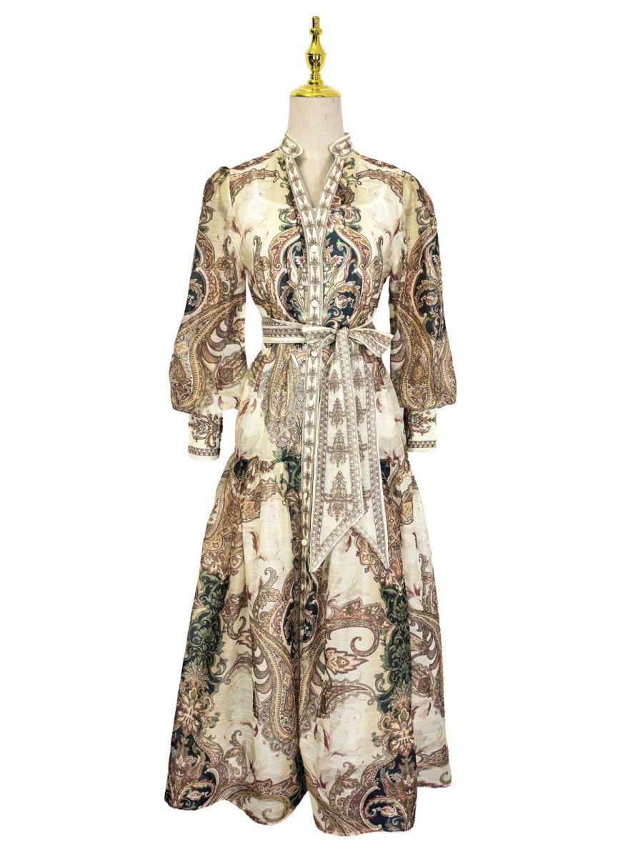 Regal Paisley Belted Chiffon Maxi Dress-4