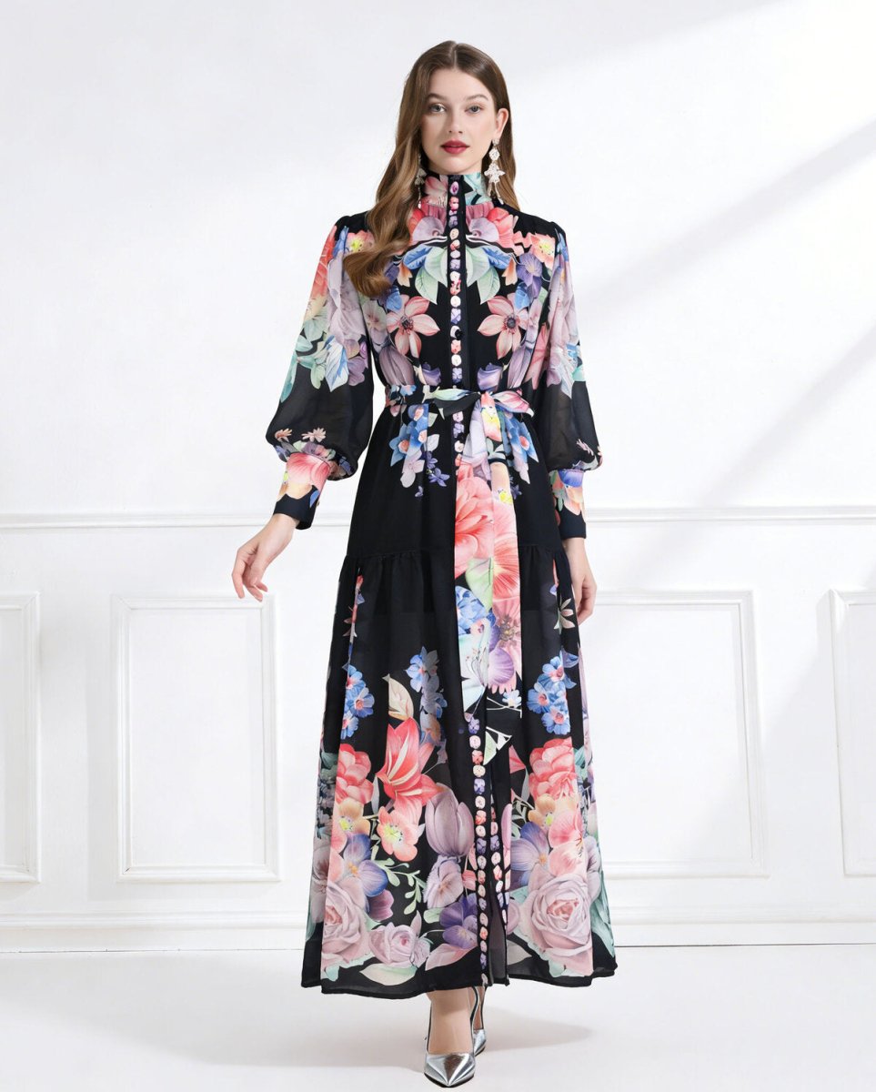 Royal Garden High Neck Floral Chiffon Maxi Dress-0