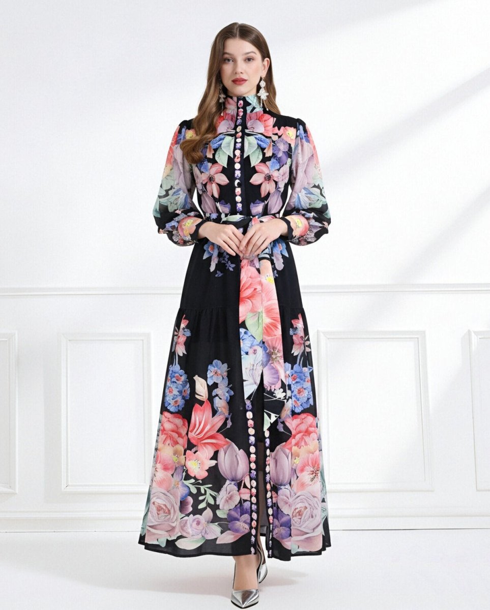Royal Garden High Neck Floral Chiffon Maxi Dress-1