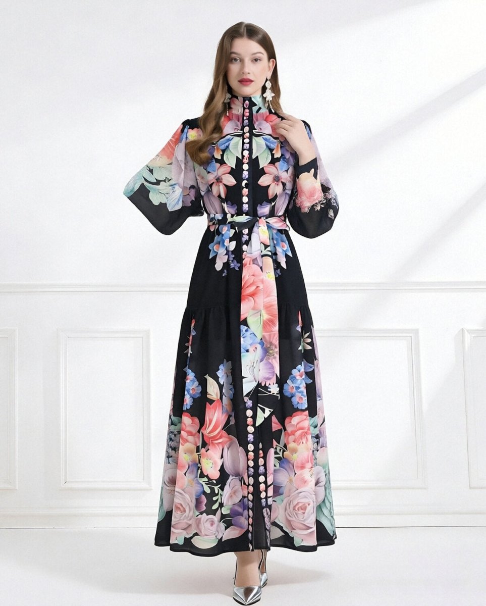 Royal Garden High Neck Floral Chiffon Maxi Dress-2
