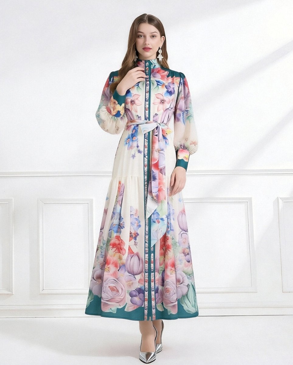 Royal Garden High Neck Floral Chiffon Maxi Dress-5
