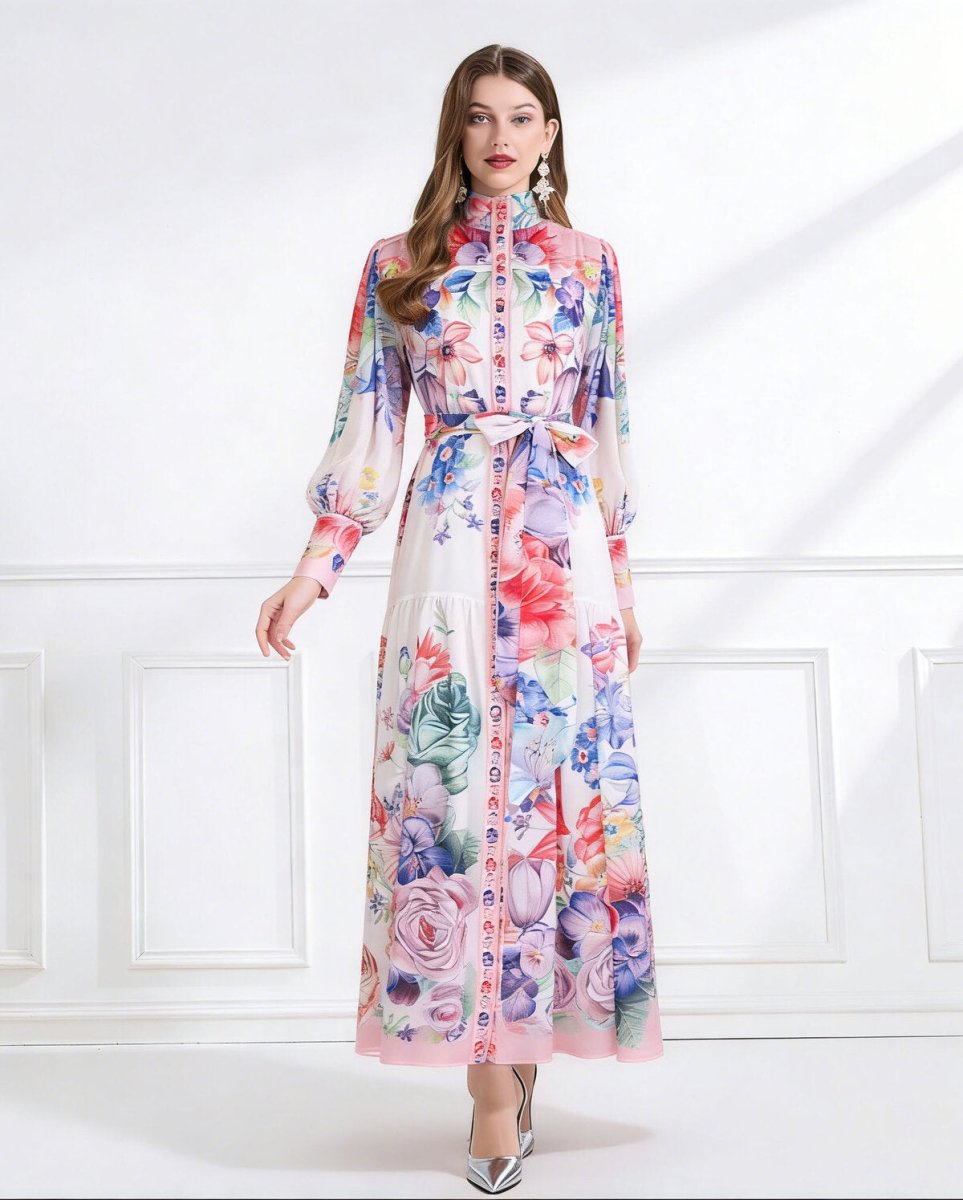 Royal Garden High Neck Floral Chiffon Maxi Dress-6