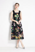 Vintage Black Floral High Waisted Spaghetti Strap Dress-0
