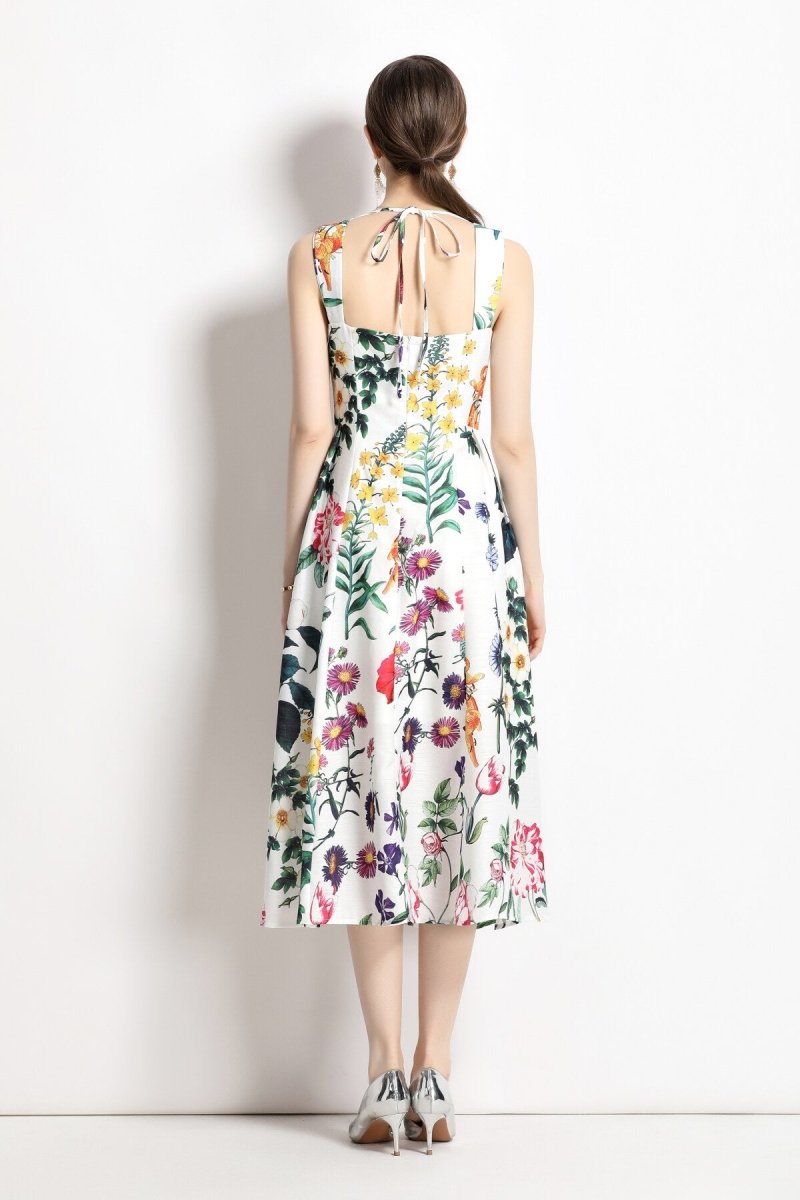 Vintage White Floral High Waisted Thick Strap Dress-3