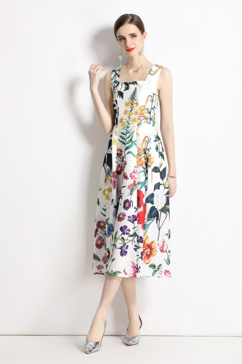 Vintage White Floral High Waisted Thick Strap Dress-1