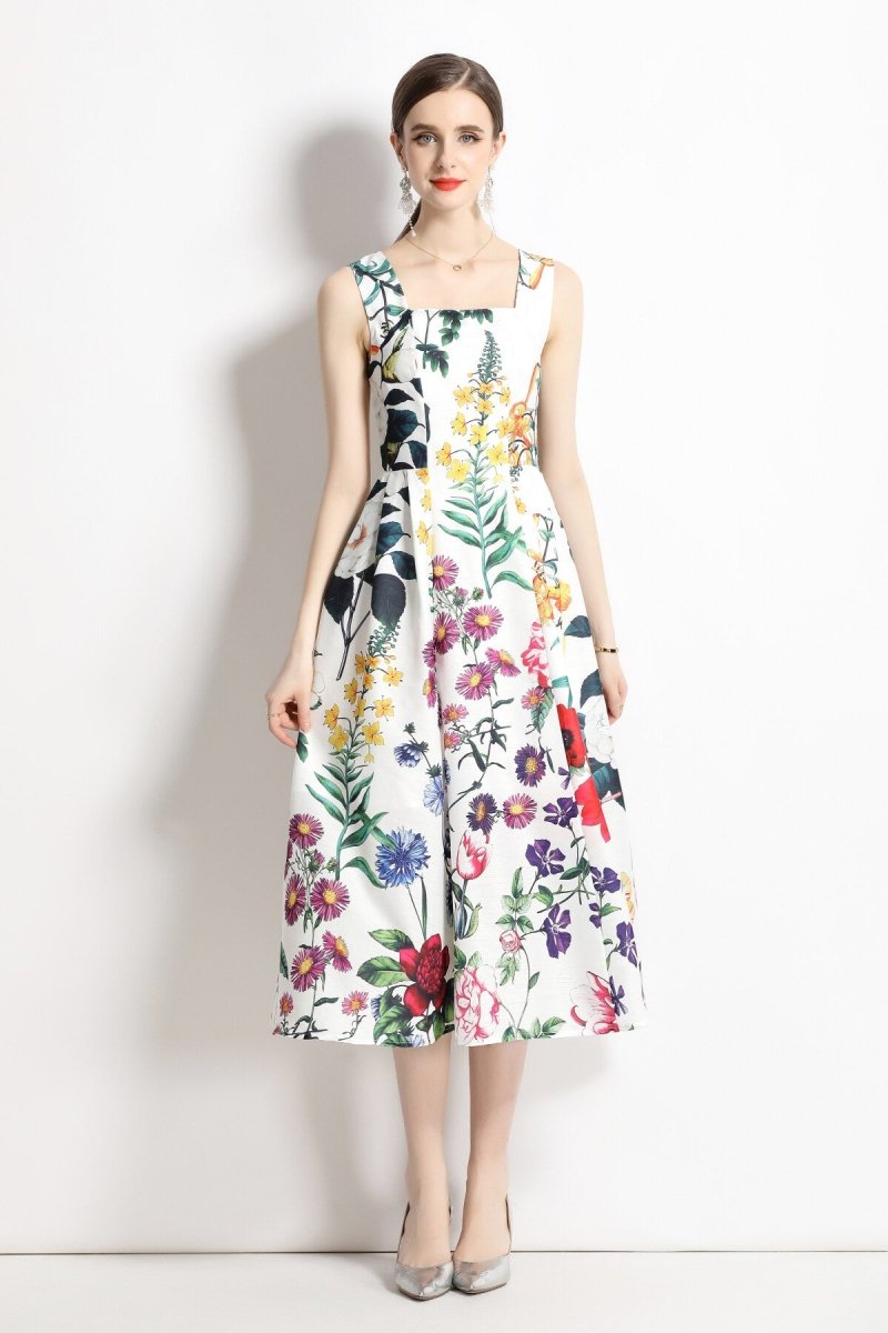 Vintage White Floral High Waisted Thick Strap Dress-0