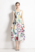 Vintage White Floral High Waisted Thick Strap Dress-0