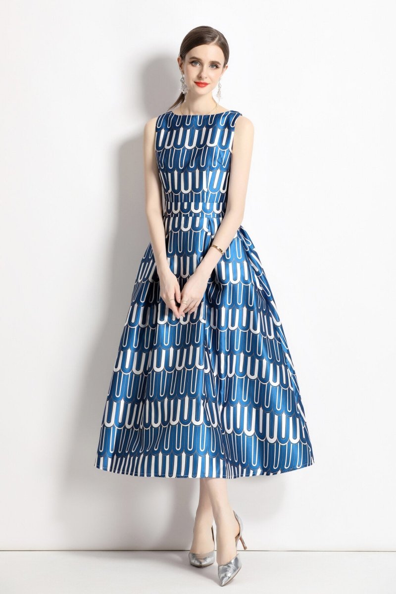 White and Blue Slim Fit A Line Tea Dress-2