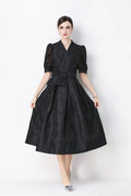 Women's Elegant Floral Jacquard Puff Sleeve Midi Dress with Bow Belt-0