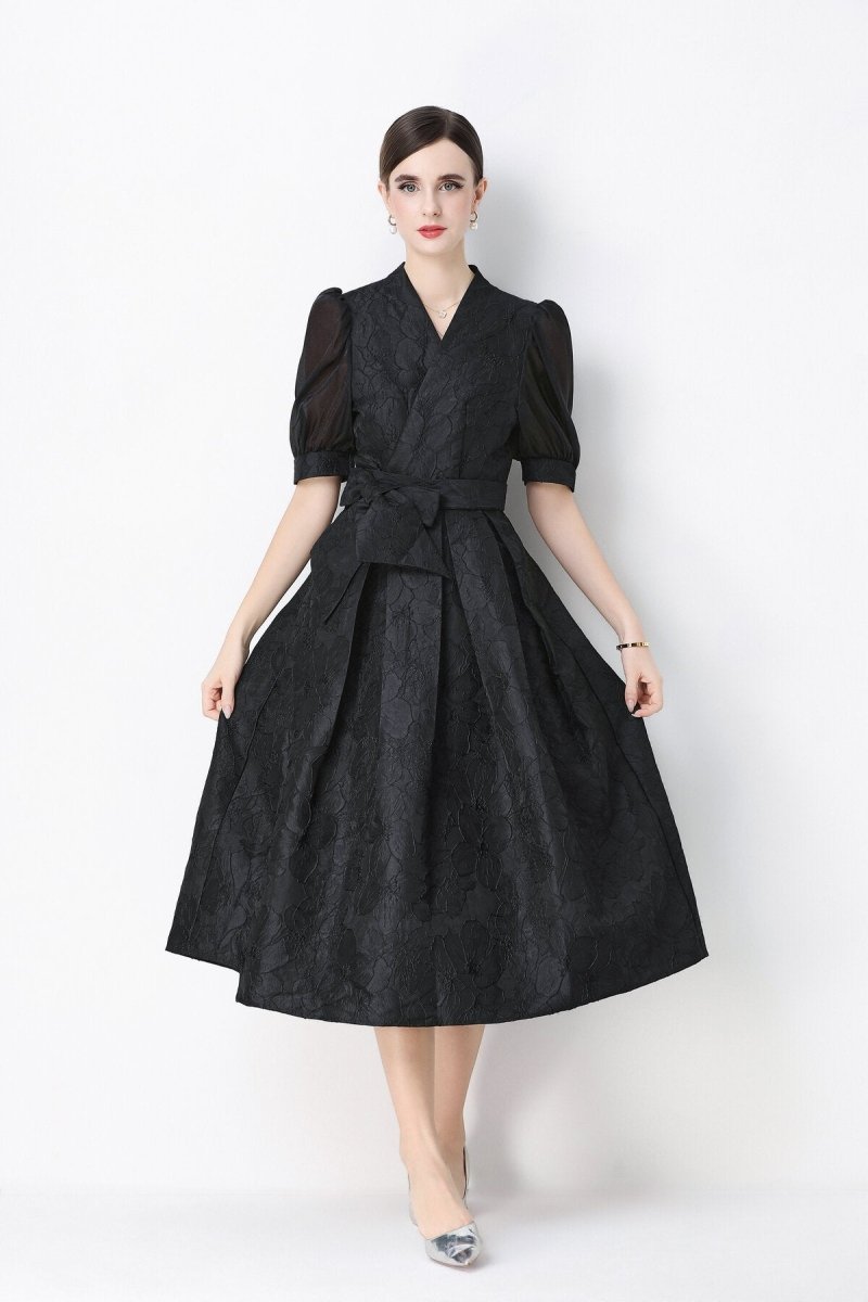 Women's Elegant Floral Jacquard Puff Sleeve Midi Dress with Bow Belt-0