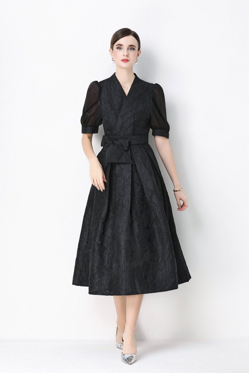 Women's Elegant Floral Jacquard Puff Sleeve Midi Dress with Bow Belt-1