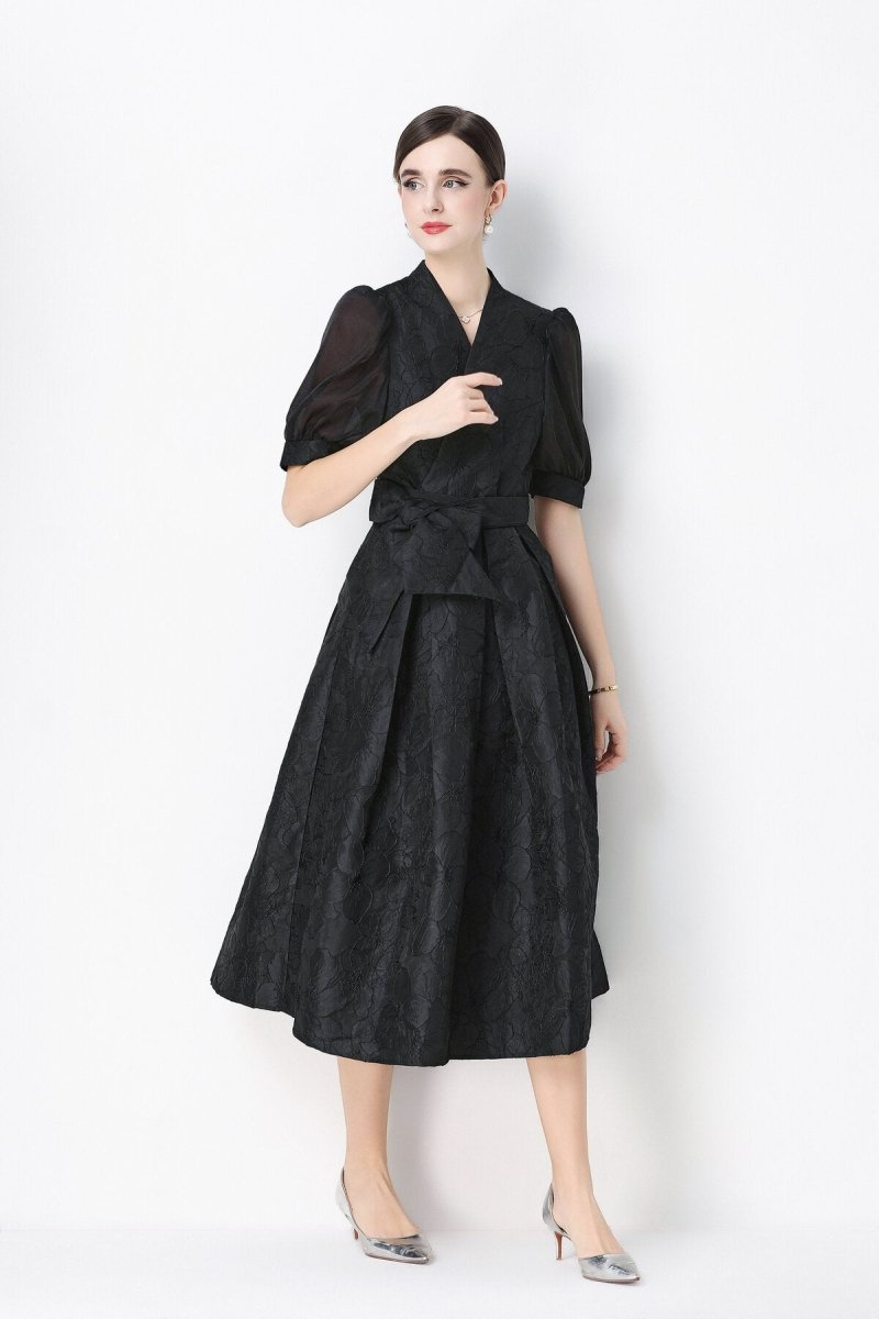 Women's Elegant Floral Jacquard Puff Sleeve Midi Dress with Bow Belt-2
