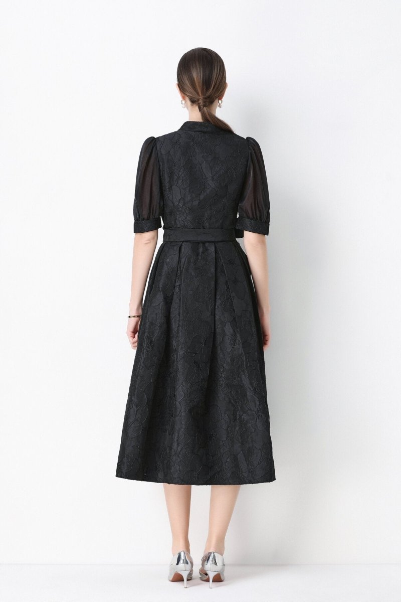 Women's Elegant Floral Jacquard Puff Sleeve Midi Dress with Bow Belt-3